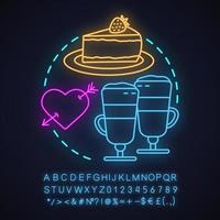 Cafe neon light concept icon. First date idea. Coffee house. Latte macchiato and cheesecake. Glowing sign with alphabet, numbers and symbols. Vector isolated illustration