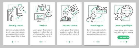 Pantalla de la página de la aplicación móvil de incorporación del servicio de aeropuerto con conceptos lineales. Instrucciones gráficas de los pasos de embarque del avión. ux, ui, plantilla de vector de interfaz gráfica de usuario con ilustraciones