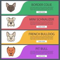 Dogs breeds web banner templates set. Website color menu items. Border Collie, Mini Schnauzer, French bulldog, pit bull. Vector headers design concepts