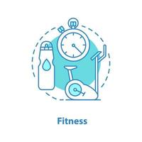 Fitness concept icon. Sports training idea thin line illustration. Gym. Stationary bicycle, water bottle, stopwatch. Vector isolated outline drawing