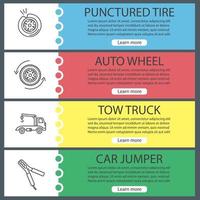 Auto workshop web banner templates set. Punctured tire, auto wheel, tow ruck, car jumper. Website color menu items with linear icons. Vector headers design concepts