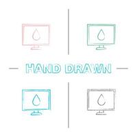 Computer display calibration hand drawn icons set. Control of color printing quality. Color brush stroke. Isolated vector sketchy illustrations