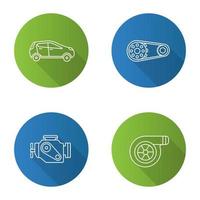 Auto workshop flat linear long shadow icons set. Car, sprocket wheel, engine, turbocharger. Vector outline illustration