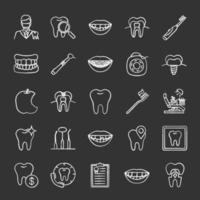 Conjunto de iconos de tiza de odontología. estomatología. servicios de clinica dental, instrumental, higiene dental, problemas. ilustraciones de pizarra vector aislado