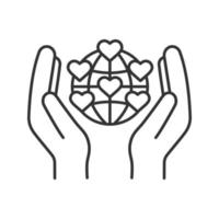 International charity linear icon. Thin line illustration. Hands holding planet with heart points. Earth saving. Global volunteering. Contour symbol. Vector isolated outline drawing