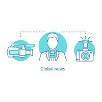 News broadcasting concept icon. Videotaping. Global news idea thin line illustration. Video and photo camera, TV presenter. Vector isolated outline drawing