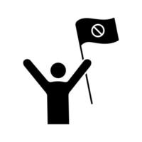 Protester glyph icon. Protest event. Social or political movement. Person holding protest flag. Contentious action. Silhouette symbol. Negative space. Vector isolated illustration