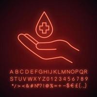 Blood donation neon light icon. Glowing sign. Hand holding liquid drop with medical cross. Vector isolated illustration