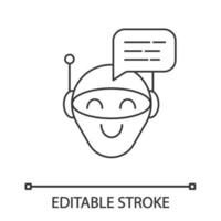 Chatbot message linear icon. Talkbot. Modern robot. Thin line illustration. Android laughing chat bot. Virtual assistant. Conversational agent. Contour vector isolated outline drawing. Editable stroke