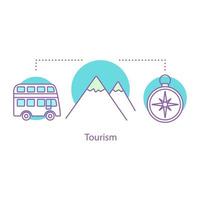 Tourism concept icon. Traveling idea thin line illustration. Mountain trip. Vector isolated outline drawing