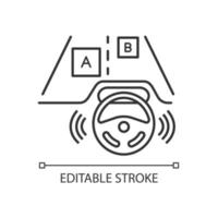 Autonomous car detecting objects linear icon. Driverless car tracking position of other vehicles. Thin line illustration. Self driving automobile on the road. Vector isolated drawing. Editable stroke