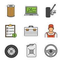 Auto workshop color icons set. Air filter, computer diagnostics, car suspension, invoice, toolbox, repairman, rim and tire, petrol jerry can, rudder. Isolated vector illustrations