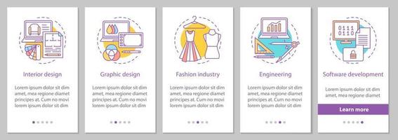 Design industry onboarding mobile app page screen with concepts. Fashion, computer graphics, engineering, interior design steps graphic instructions. UX, UI, GUI vector template with illustrations
