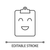 Smiling clipboard linear icon. Test completed. Thin line illustration. Successful medical exam. Happy clipboard. Good results. Emoji, emoticon. Contour vector isolated outline drawing. Editable stroke