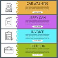 Auto workshop web banner templates set. Car washing, jerry can, invoice, toolbox. Website color menu items with linear icons. Vector headers design concepts