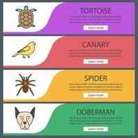 Pets web banner templates set. Tortoise, canary, spider, doberman. Website color menu items. Vector headers design concepts