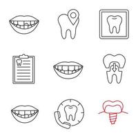 Conjunto de iconos lineales de odontología. dientes rotos y faltantes, ubicación de la clínica, radiografía, informe de diagnóstico, sonrisa, corona, llamada al dentista, implante. símbolos de contorno de línea fina. ilustración de contorno vectorial aislado vector