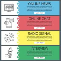 Mass media web banner templates set. Electronic newspaper, online chat, radio signal, interview. Website color menu items with linear icons. Vector headers design concepts