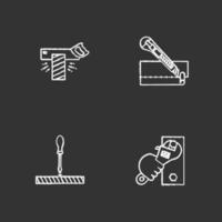 Construction tools chalk icons set. Tenon saw, stationery knife, screwdriver, wrench in hand. Isolated vector chalkboard illustrations