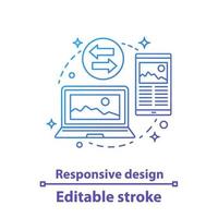 Responsive web design concept icon. App for different devices idea thin line illustration. Mobile and desktop applications. Vector isolated outline drawing. Editable stroke