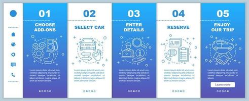 Car rental service onboarding mobile web pages vector template. Auto leasing. Responsive smartphone website interface idea with linear illustrations. Rent a car. Webpage walkthrough step screens