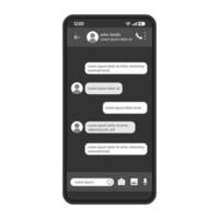 plantilla de vector de interfaz de chat de teléfono inteligente. diseño de la interfaz de la aplicación móvil. pantalla de mensajería sms. interfaz de usuario plana para la aplicación de mensajes. diálogo, conversación. pantalla del teléfono con burbujas de discurso