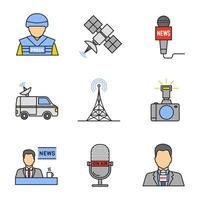 Mass media color icons set. Press. War correspondent, satellite, microphones, news van, radio tower, photo camera, TV presenter. Isolated vector illustrations