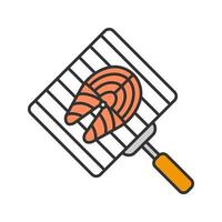 Hand grill with salmon fish color icon. Barbecue grid. Grilling basket with fish steak. Isolated vector illustration