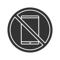 Señal de prohibido con el icono de glifo de teléfono móvil. sin prohibición de teléfonos inteligentes. símbolo de silueta. espacio negativo. vector ilustración aislada
