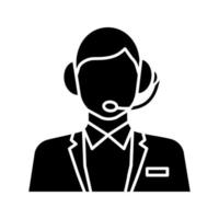 Customer support glyph icon. Call center operator. Clients care service. Hotline. Website manager. Silhouette symbol. Negative space. Vector isolated illustration