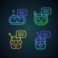 Chatbots messages neon light icons set. Talkbots. Laughing virtual assistants. Conversational agents. Modern robots. Glowing signs. Vector isolated illustrations