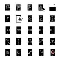 Smartphone glyph icons set. Internet connection, data transfer, apps, communication. Silhouette symbols. Vector isolated illustration