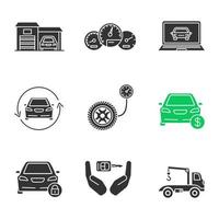 Auto workshop glyph icons set. Garage, dashboard, computer diagnostics, car with circle arrow, pressure gauge, auto buying, key in hands, tow truck. Silhouette symbols. Vector isolated illustration