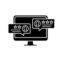 Customer reviews glyph icon. Positive feedback messages. Rating. Service satisfaction. Computer screen. Silhouette symbol. Negative space. Vector isolated illustration