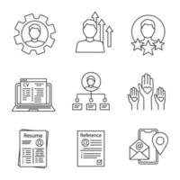 Resume linear icons set. Skills, achievements, experience, online cv, ability, volunteering, reference, contact. Thin line contour symbols. Isolated vector outline illustrations. Editable stroke