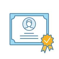 icono de color de certificado. diploma. titulación, certificado de grado. otorgar. licencia. ilustración vectorial aislada vector