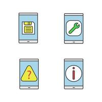 conjunto de iconos de colores de teléfonos inteligentes. botón guardar, configuración, preguntas frecuentes del teléfono móvil, error. ilustraciones vectoriales aisladas vector