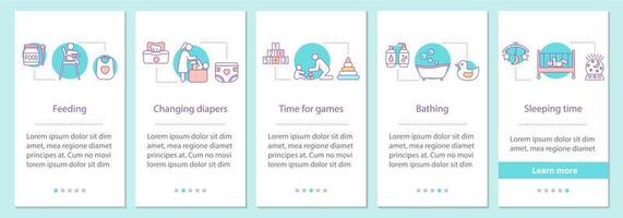 Childcare onboarding mobile app page screen with concepts. Feeding, changing diapers, playing games, bathing, sleeping time steps graphic instructions. UX, UI, GUI vector template with illustrations