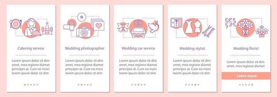 Wedding services onboarding mobile app page screen with linear concepts. Catering, photographer, car, stylist, florist steps graphic instructions. UX, UI, GUI vector template with illustrations