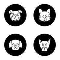 Dogs breeds glyph icons set. English bulldog, German Spitz, Maltese, Doberman Pinscher. Vector white silhouettes illustrations in black circles