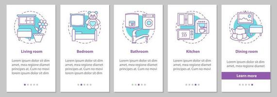 Interior design onboarding mobile app page screen with linear concepts. Flat or house rooms steps graphic instructions. Furniture and appliance. UX, UI, GUI vector template with illustrations