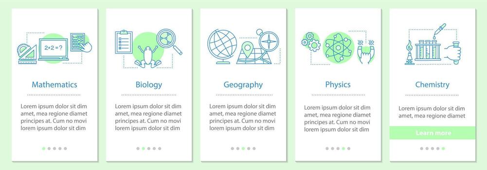 Asignaturas escolares incorporando la pantalla de la página de la aplicación móvil con conceptos lineales. matemáticas, biología, geografía, física, química pasos instrucciones gráficas. ux, ui, plantilla de vector de interfaz gráfica de usuario con ilustraciones
