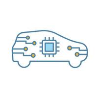 AI car in side view color icon. Autonomous car with chip inside. Smart auto. Intelligent auto. Self driving automobile with processor. Driverless vehicle. Isolated vector illustration