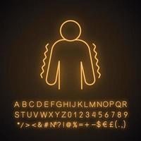 Trembling neon light icon. Anxiety. Shaking body. Worrying and afraid person. Chills. Physiological stress symptoms. Glowing sign with alphabet, numbers and symbols. Vector isolated illustration