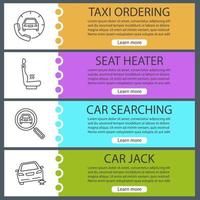 Auto workshop web banner templates set. Taxi ordering, seat heater, car searching, repair jack. Website color menu items with linear icons. Vector headers design concepts