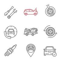 Auto workshop linear icons set. Repair service, broken car, tire puncture, assistance, tow truck, wheel, spark plug, gps, total check. Thin line contour symbols. Isolated vector outline illustrations