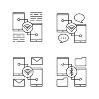 Smartphone connection linear icons set. Thin line contour symbols. Chatting, sending e-mail, wifi data transfer. Isolated vector outline illustrations