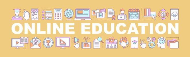 Banner de conceptos de palabra de educación en línea. e-learning. mejora de habilidades. idea de tipografía de letras aisladas con iconos lineales. formación interactiva. búsqueda de datos. ilustración de contorno vectorial vector