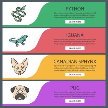 Pets web banner templates set. Python, iguana, Canadian Sphynx, pug. Website color menu items. Vector headers design concepts