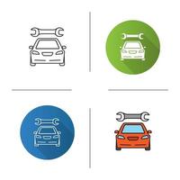Car with spanner icon. Flat design, linear and color styles. Auto workshop. Repair service. Isolated vector illustrations